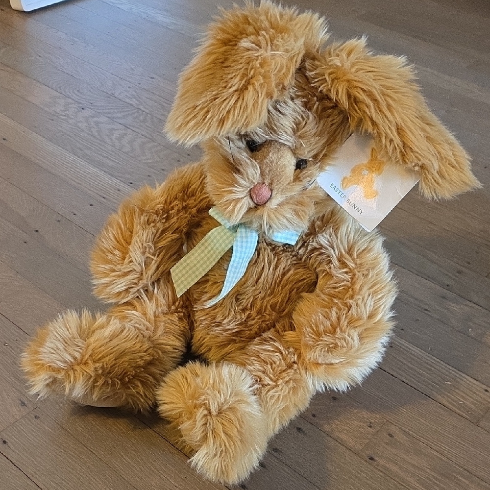 Harrods- Fluffy Brown Bunny with Green Plaid Bow/ Easter- Spring Bunny